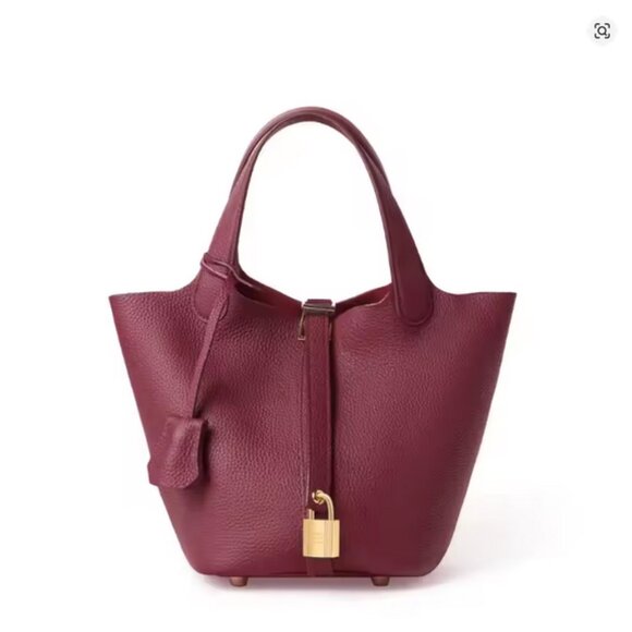 Elegant Genuine Leather Bucket Bag with Lock — 5 Colors Available - Picture 2 of 16